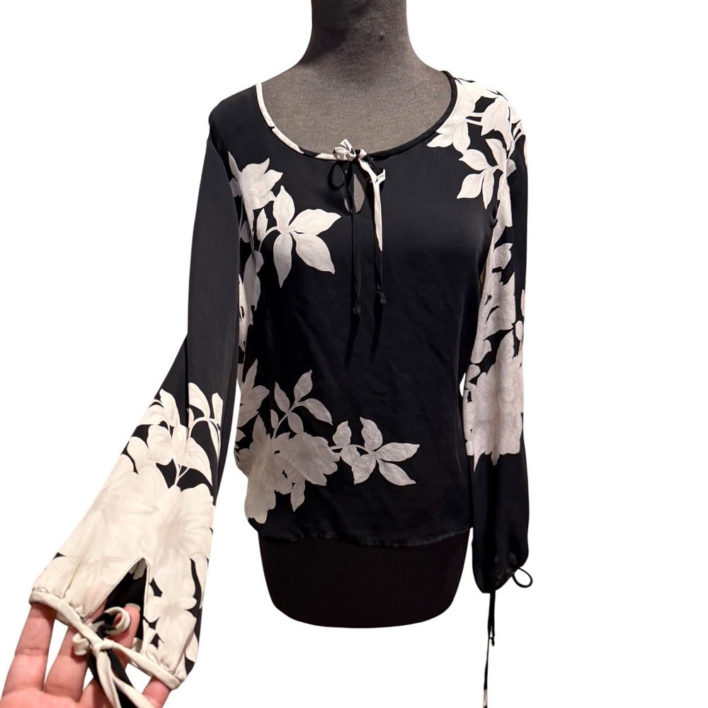 Rena Rowan Silk Blouse Womens 12 Black White Floral Keyhole Tie Neck Long Sleeve